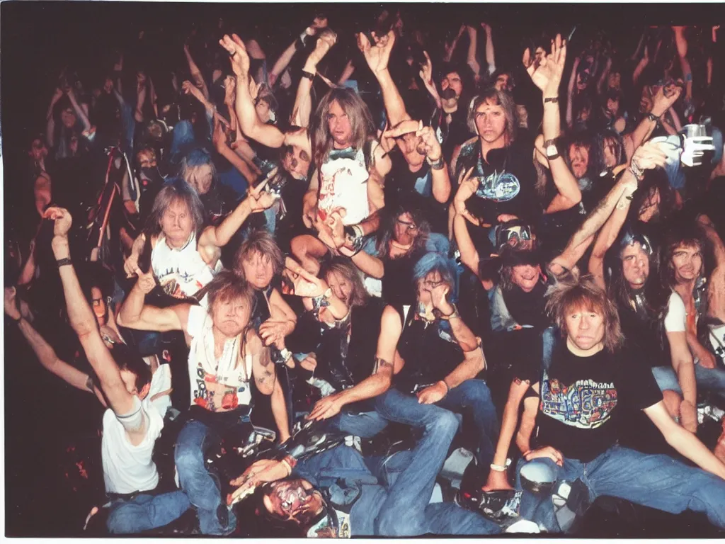 Prompt: 80s polaroid colour flash photograph of Iron Maiden concert
