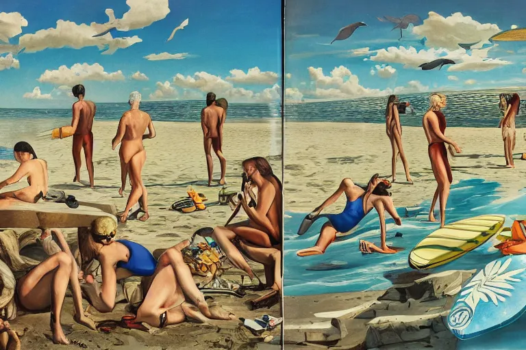 Prompt: full page illustrations of desolate beach scenes on a hot summer evening, tropical color palette, by carel willink and gregory crewdson, big waves, surf, comic book panels