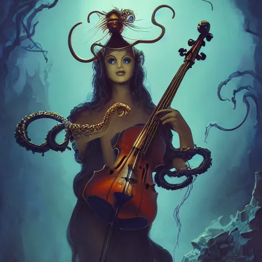 Image similar to illustration of close low angle view of an ornate obsidian gothic violin played by a goddess with gold spidery embellishments, night, smoke, ground fog, by peter mohrbacher, by frank frazetta, by vincent di fate, large depth of field, super detailed, digital art, trending on artstation, ornate