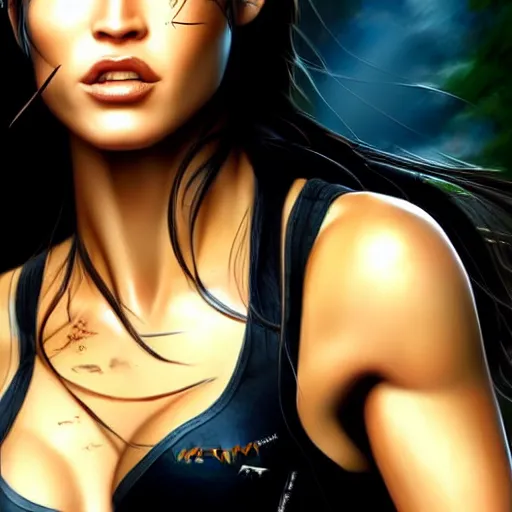 Prompt: megan fox as lara croft, hyper detailed masterpiece, digital art painting, hyper realism aesthetic