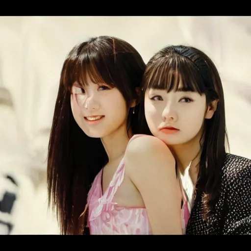 Image similar to 1990s, unbelievably beautiful, perfect, dynamic, epic, cinematic 8K HD movie shot of two semi-close-up japanese beautiful cute young J-Pop idols actresses girls, they express joy and posing together. By a Chinese movie director. Motion, VFX, Inspirational arthouse, high budget, hollywood style, at Behance, at Netflix, with Instagram filters, Photoshop, Adobe Lightroom, Adobe After Effects, taken with polaroid kodak portra