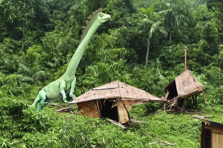 Image similar to 4 meter tall unknown living herbivor dinosaur destroying huts in small jungle settlement, shaky amateur photos by witnesses