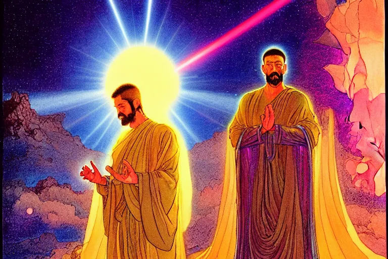 Prompt: a hyperrealist watercolour character concept art portrait of a hologram of space jesus at night in las vegas, nevada. a mysterious cloaked figure in the background. lasers shoot from behind a mountain. buddha hologram. by rebecca guay, michael kaluta, charles vess and jean moebius giraud