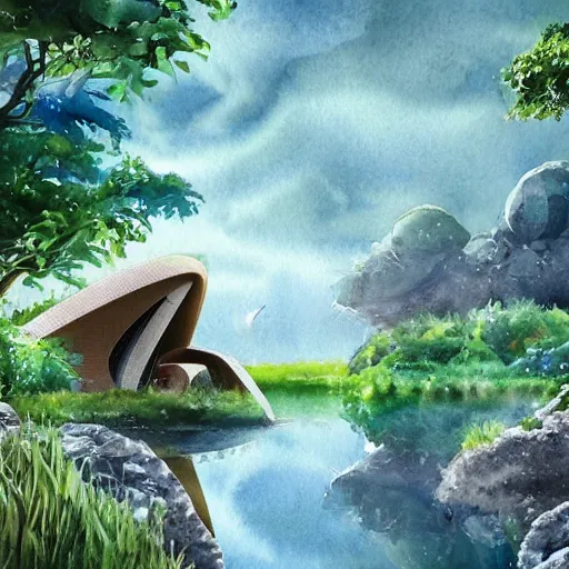 Image similar to beautiful happy picturesque charming sci - fi organic pod - like homes of the future in a beautiful natural scene. water, trees and rocks. beautiful light. soft colour scheme. beautiful artistic detailed watercolor by lurid. ( 2 0 2 2 )