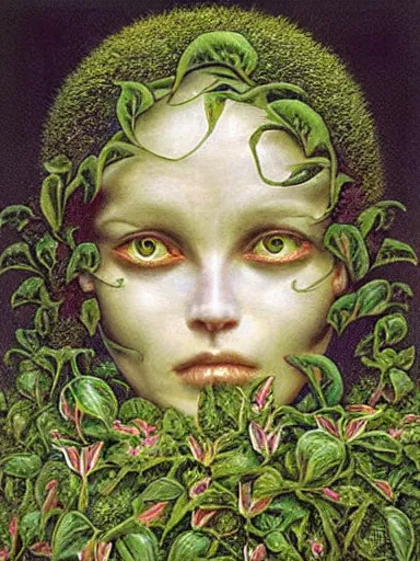 Image similar to The Hanging-Gardens of Pareidolia, ivy, verbena and pothos growing facial features and optical-illusions!!!!!, aesthetic, by Gerald Brom in the style of Johfra Bosschart in the style of,