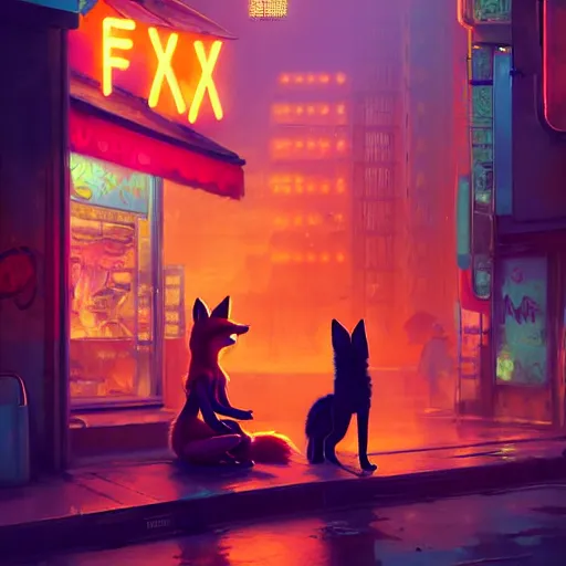 Prompt: splash art of cute female anthropomorphic vulpes vulpes fox sitting by a noodle stand in the crowded street of a cyberpunk city, rain, cyberpunk clothes, bright neon lights, atmospheric : by weta, greg rutkowski, wlop, ilya kuvshinov, rossdraws, artgerm, octane render, liosh, mucha