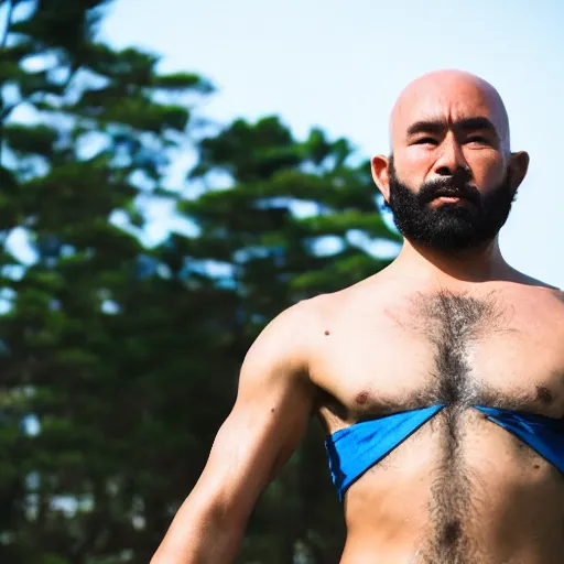 Prompt: a detailed still close - up of a man who is training in a japanese temple using unarmed combat, the man looks like a mix between aang from avatar the last airbender and a rugged, middle - aged man with a beard and a blue arrow pointing down from his forehead, anime