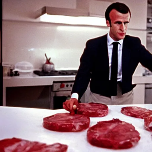 Image similar to Emmanuel Macron cooking fresh bloody meat in American Psycho (1999)