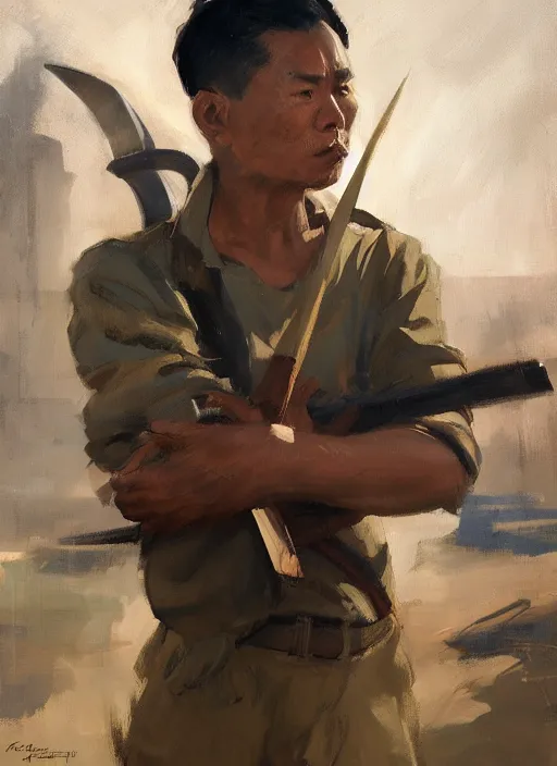 Image similar to greg manchess portrait of a filipino man holding a blade standing in front of a tank, asymmetrical, profile picture, organic painting, sunny day, matte painting, bold shapes, hard edges, street art, trending on artstation, by huang guangjian, gil elvgren, ruan jia, randy vargas, greg rutkowski