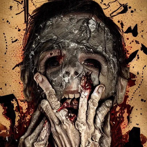 Prompt: face shredded like paper as skin peeling scream, dark, surreal, illustration, realistic horror