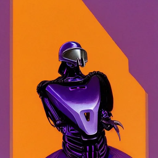 Image similar to self portrait of a humanoid raven with a helmet in the shape of a beak. purple and black body armor, digital art, realistic, ultradetailed, concept art in the style of Science Fiction. art by Syd Mead and Moebius, trending on artstation, devianart, cgsociety