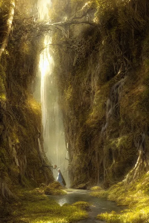 Image similar to Galadriel's glade, detailed matte painting, cinematic, Alan Lee, Artstation