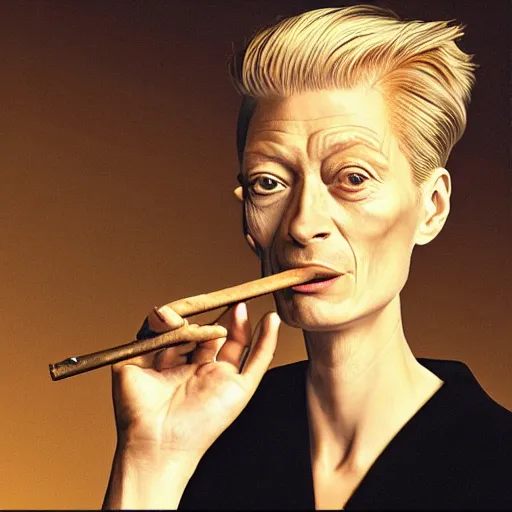 Prompt: caricature of tilda swinton smoking a cuban cigar by salvador dalí, trending on art station, 4K