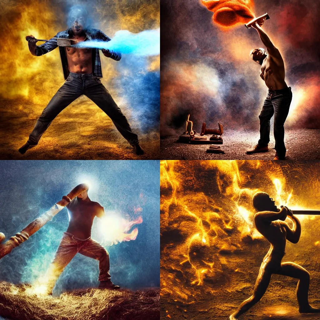 Prompt: a blacksmith swinging his hammer he is made of psychedelic dust clouds dancing in the wind, hyper realistic, roaring fire, midday, realistic lighting, photo realistic