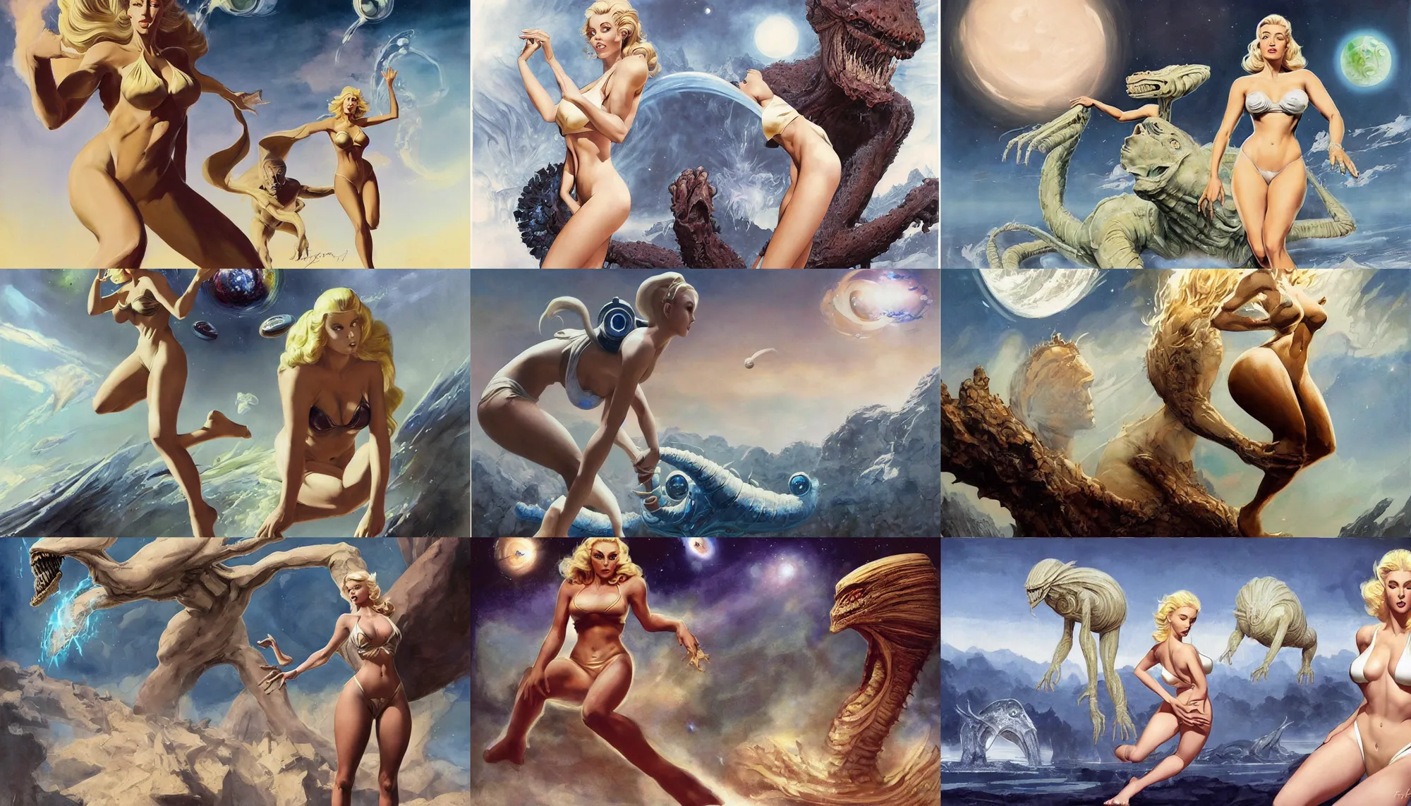 Prompt: a mixed media painting of one very beautiful blonde woman fleeing from a distant colossus creature on an alien world, elegant, aesthetic!!! symmetrical face and eyes, sixties pinup, photorealistic, curvy by frank frazetta, greg rutkowski, boris vallejo, donato giancola, christian macnevin, white bikini