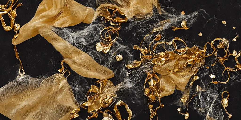 Image similar to gold jewellery encased in fractured ice, studio lighting, area light from above, colored silk sheets flowing in wind, smoke and dust