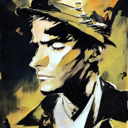 Image similar to portrait of corto maltese dreaming about valparaiso, oil on canvas by dave mckean and yoji shinkawa