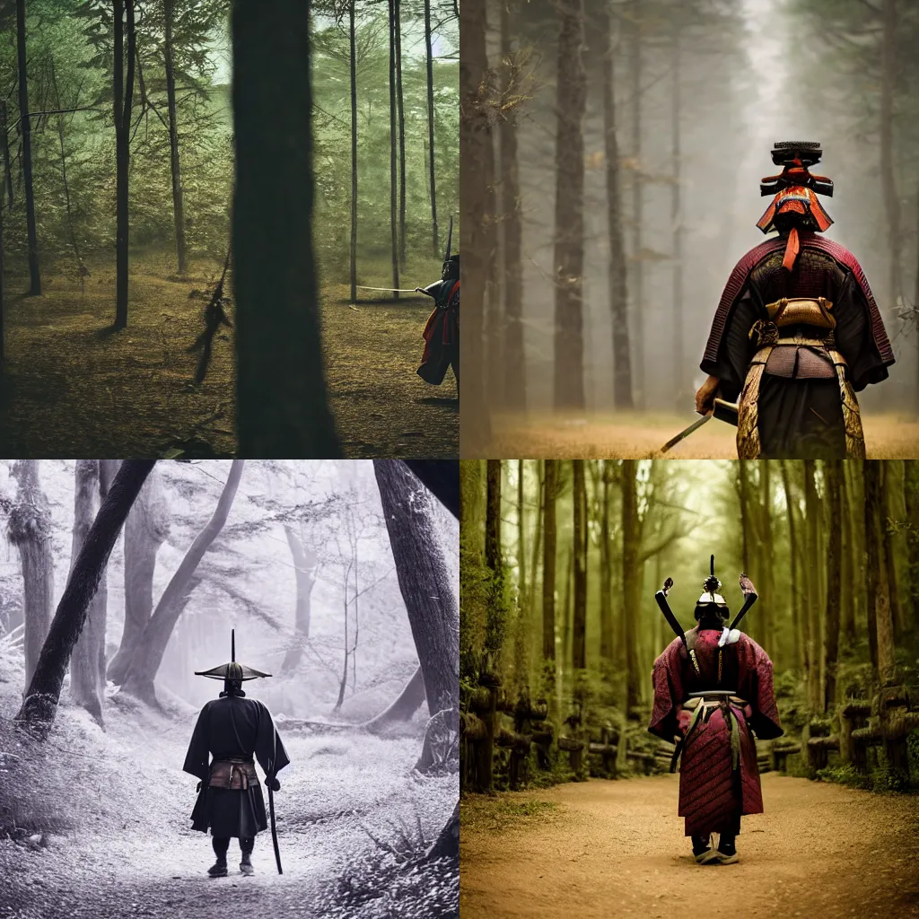 Prompt: An epic cinematic photography of a samurai in a forest