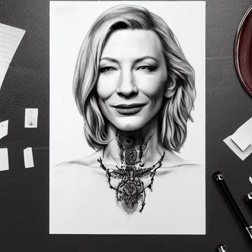 Image similar to full body tattooed cate blanchett, highly detailed, photorealistic, 4k