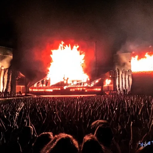 Prompt: rammstein concert with pyrotechnics in a back garden