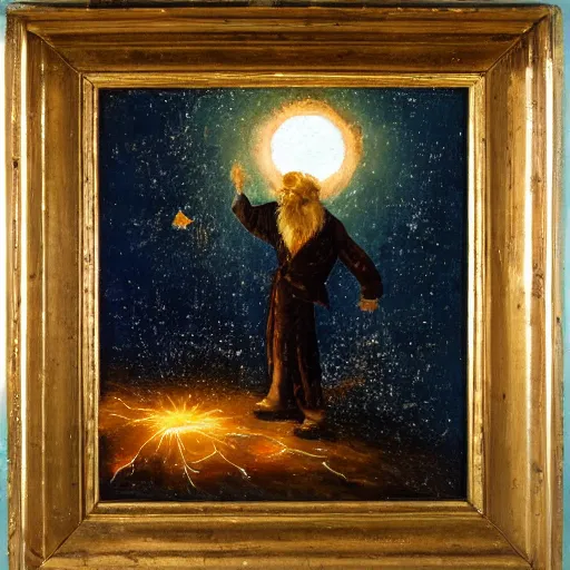 Prompt: a man frozen in time looking at a star explode as bits of the star fall down around him oil painting