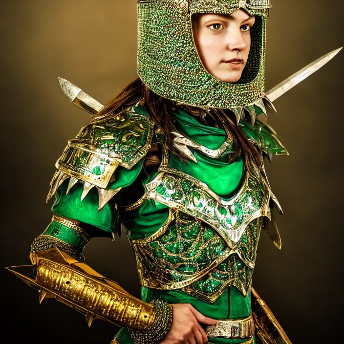 Image similar to full length photo of a beautiful warrior queen wearing emerald encrusted armour, highly detailed, 4 k, hdr, smooth, sharp focus, high resolution, award - winning photo