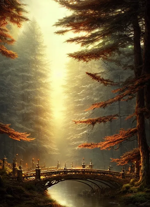 Image similar to old bridge, fantasy forest landscape, fantasy magic, light night, intricate, elegant, sharp focus, illustration, highly detailed, digital painting, concept art, matte, art by wlop and artgerm and ivan shishkin and andrey shishkin, masterpiece