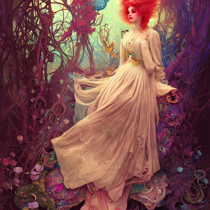 Prompt: psychedelic alice in wonderland , diffuse lighting, fantasy, intricate, elegant, highly detailed, lifelike, photorealistic, digital painting, artstation, illustration, concept art, smooth, sharp focus, art by John Collier and Albert Aublet and Krenz Cushart and Artem Demura and Alphonse Mucha