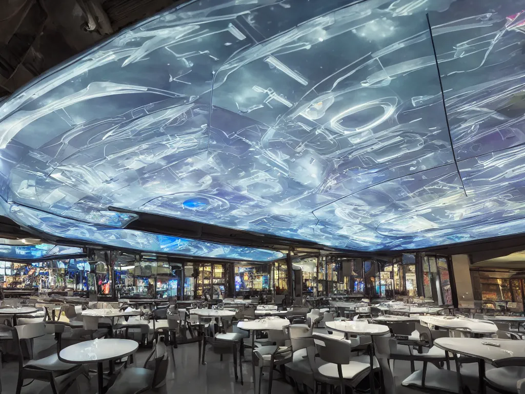 Prompt: visor with curved translucent screens projecting detailed sci - fi art ( 2 0 4 2 ), pixel perfect photograph, high contrast, volumetric lighting, thin glowing lights, restaurant, chairs, users, pair of keys
