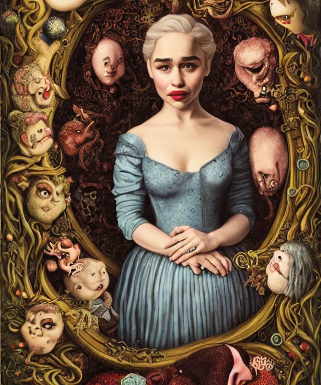 Prompt: portrait of Emilia Clarke in wonderland, lowbrow painting by Mark Ryden