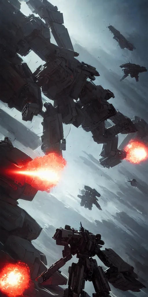 Image similar to an armored core v on the ground, booster flares, legs, laser rifles, karst landscape ; cinematic contrast, dynamic backlighting, sharp edge, motion blur, art by greg rutkowski