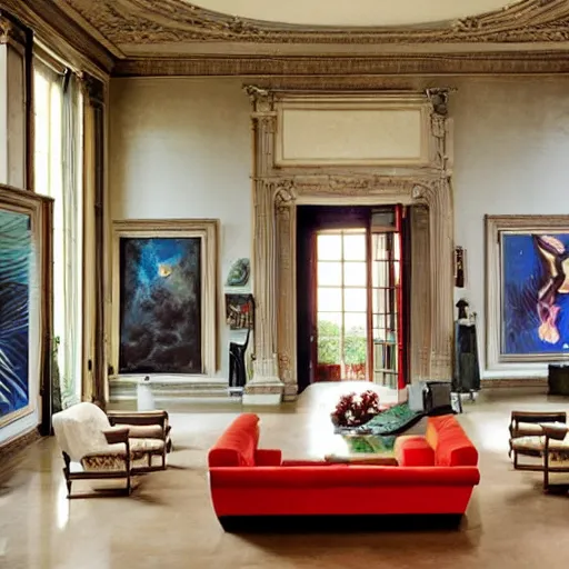 Image similar to giant mansion living room that is 100 feet tall, with giant walls filled with modern art paintings, doors that are cosmic portals, photo by Annie Leibovitz