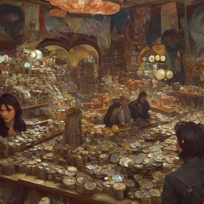 Image similar to modern coin shop with a lot of coins, 4 k, octane, digital painting, artstation, concept art, sharp focus, illustration, art by artgerm and greg rutkowski and alphonse mucha