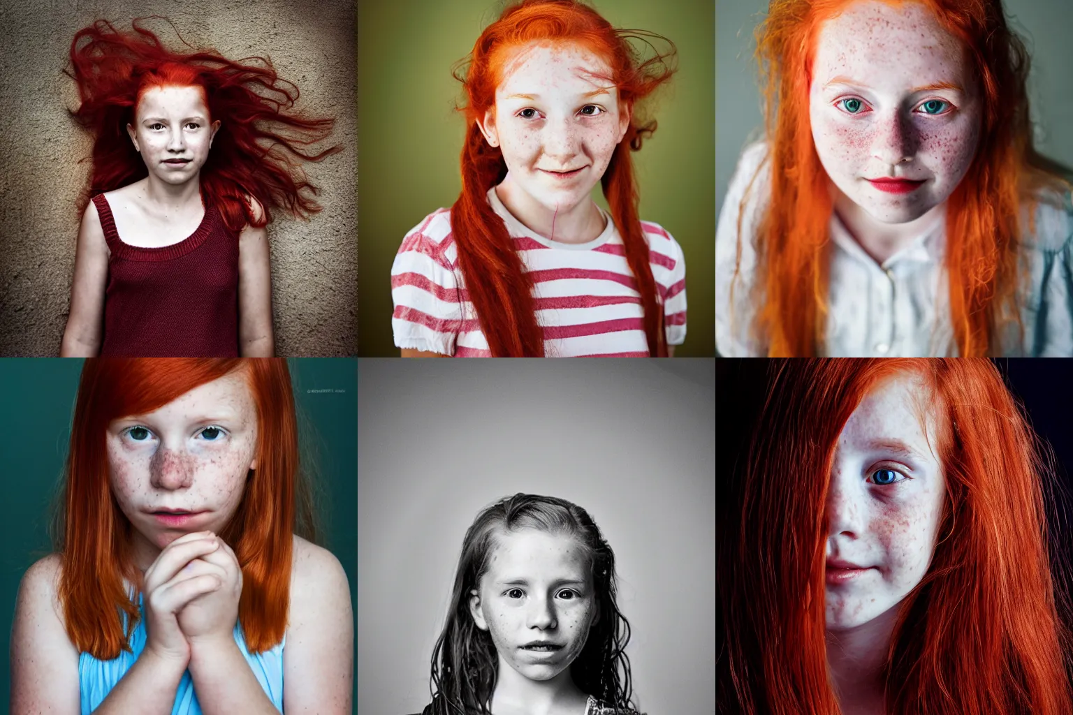 Prompt: Photograph of a 10 year old girl in the style of Annie Leibovitz, red hair, freckles
