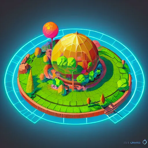 Prompt: isometric half sphere island on neon background, isometric invironment, 3d art, isometric art, amazing detail, artstation, concept art, behance, ray tracing