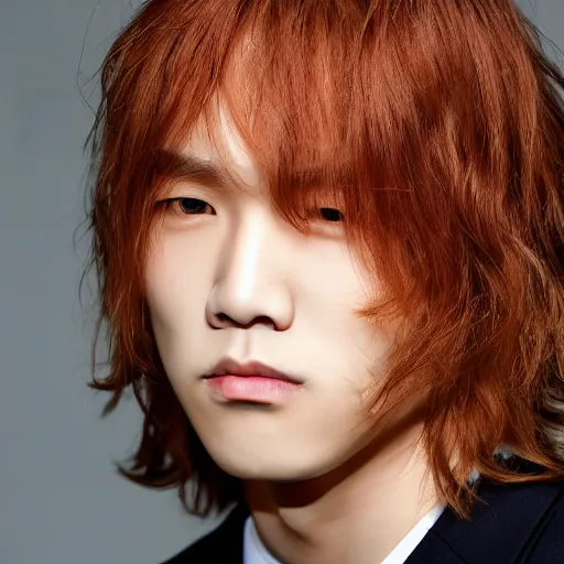 Image similar to a beautiful picture of a jong red blond man wiht a sharp face and brown eyes, long hair, pointy nose