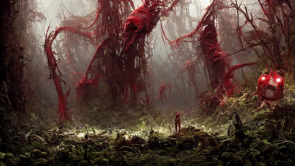 Prompt: a Photorealistic dramatic Matte painting,Looking through deep inside an Alien planets dense red forest there is a gigantic crashed derelict spaceship,a lone astronaut in a white spacesuit with lights is exploring outside,hundreds of tall gigantic monster carnivorous Red Venus Flytrap plants and glowing bulbs,translucent wet and slimy plant life by Greg Rutkowski,Craig Mullins,James Paick,Fenghua Zhong,a misty haze,Beautiful dramatic dark moody nighttime lighting,Cinematic Atmosphere,Volumetric,Terragen,Octane Render,8k