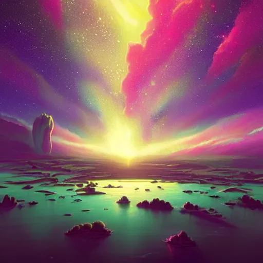 Prompt: ultradetailed matte painting of serene milky way and exploding nebulas with nebullae by beeple : 2, charles schulz and rhads, featured on artstation