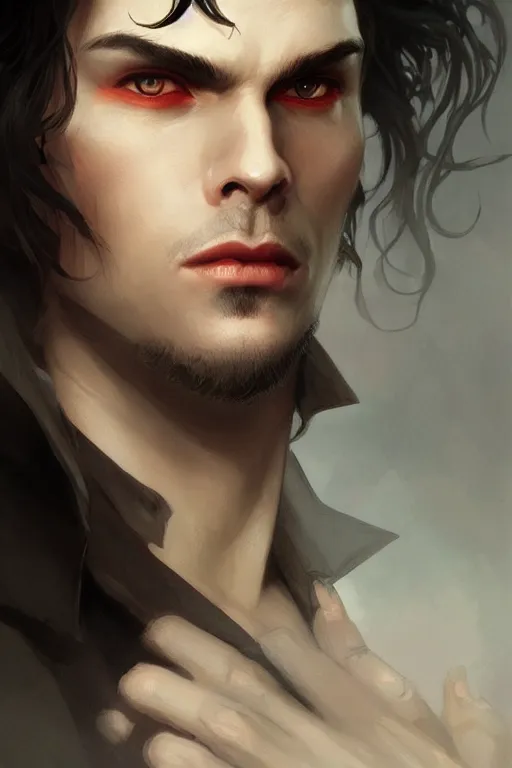 Image similar to up close portrait of a beautiful male vampire, d & d, face, fantasy, intricate, elegant, highly detailed, digital painting, artstation, concept art, smooth, sharp focus, illustration, art by artgerm and greg rutkowski and alphonse mucha