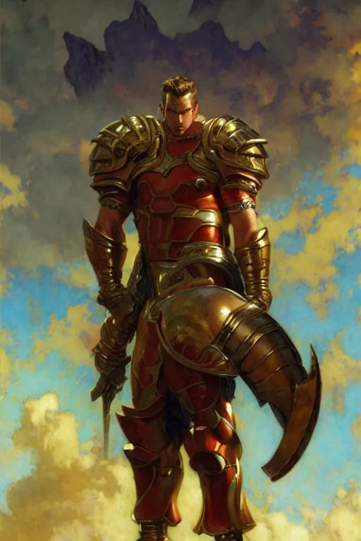 Prompt: attractive beefy male with armor, character design, colorful, cryptid academia, painting by gaston bussiere, craig mullins, j. c. leyendecker, tom of finland