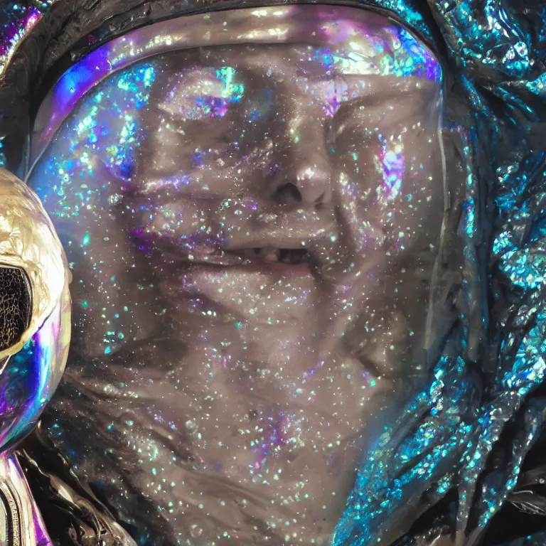 Prompt: octane render portrait by wayne barlow and carlo crivelli and glenn fabry, subject is a woman covered in tie - dye aluminum foil space suit with a iridescent metallic space helmet, inside a dark gothic rococo palace, cinema 4 d, ray traced lighting, very short depth of field, bokeh