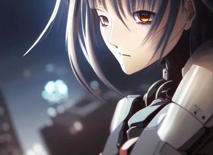 Prompt: a anime portrait of a cyborg woman!! finely detailed features, closeup at the face, sharp focus, perfect art, night - time city background, cinematic lighting, highly detailed, intricate, anime!! artstation, trending on pixiv fanbox, painted by greg rutkowski, studio ghibli, yoji shinkawa, hayao miyazaki,