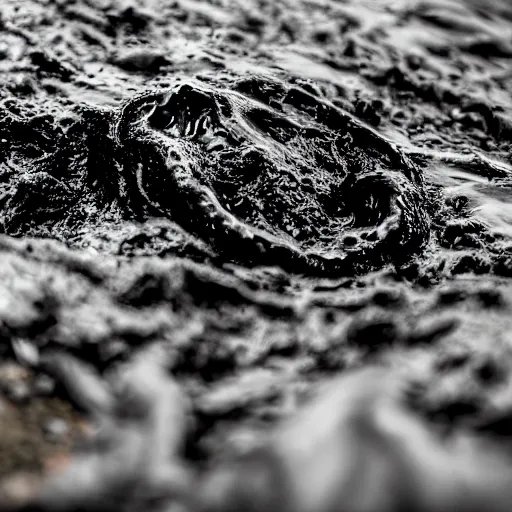 Image similar to mysterious black slime, black gooey liquid leaking out of crashed cargo ship, apocalyptic, ruined, 8 5 mm f / 1. 4