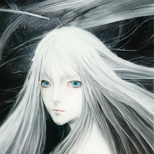 Image similar to yoshitaka amano blurred and dreamy realistic illustration of an anime girl with wavy white hair and cracks on her face wearing elden ring armour with the cape fluttering in the wind, abstract black and white patterns on the background, noisy film grain effect, highly detailed, renaissance oil painting, weird portrait angle