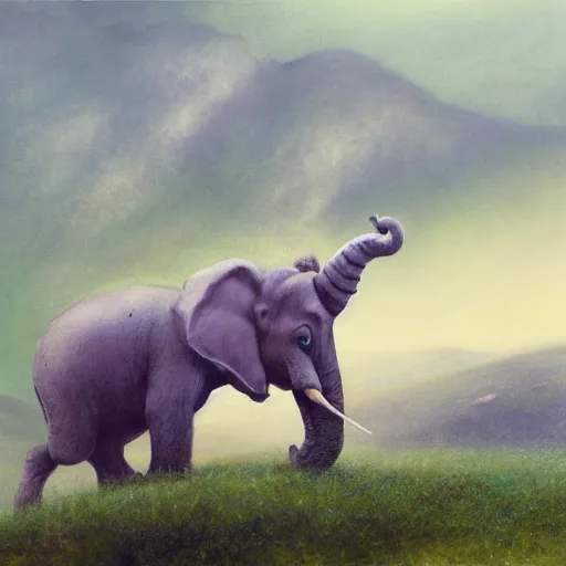 Prompt: purple elephant running in meadow, close up camera angle from an ant, raining, mountain behind meadow, menacing, illustration, detailed, smooth, soft, cold, by Adolf Lachman, Shaun Tan, Surrealism