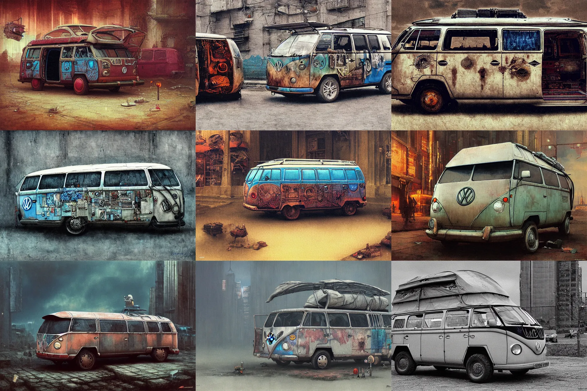 Prompt: a marketplace photo of a cyberpunk VW campervan, by Beksinski