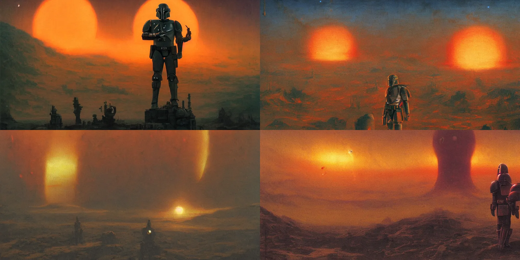 Prompt: close up mid shot of mandalorian with backlight watching nuclear explosion on jupiter wasteland during sunset , panoramic cinematic very sharp oil painting by beksinski