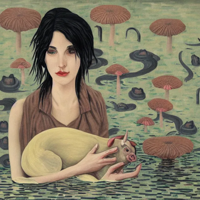 Image similar to tall female emo artist holding a pig in her flooded bathroom, mushrooms, octopus, water gushing from ceiling, painting of flood waters inside an artist's bathroom, a river flooding indoors, pomegranates, pigs, ikebana, zen, river, rapids, waterfall, black swans, canoe, berries, acrylic on canvas, surrealist, by magritte and monet