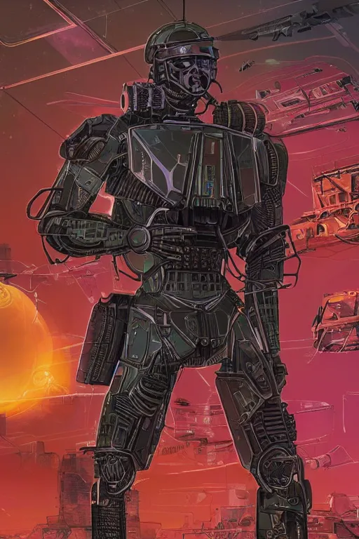 Image similar to post-soviet armored military android on a hyper-maximalist overdetailed retrofuturist scifi bookcover illustration from '70s. Biopunk, solarpunk style.