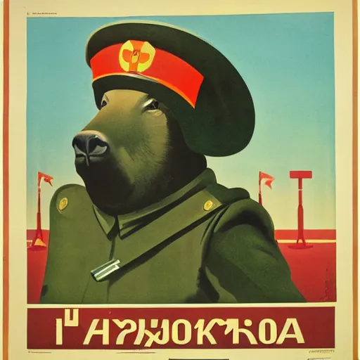 Prompt: soviet propaganda poster depicting a capybara in military uniform